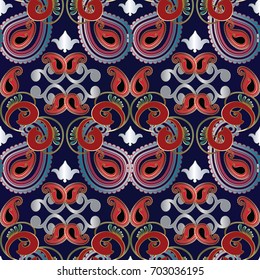 Paisleys seamless pattern. Dark blue floral background wallpaper illustration with red gold black 3d paisley  flowers and elegance butha ornaments. Vector endless surface texture for fabric, textile