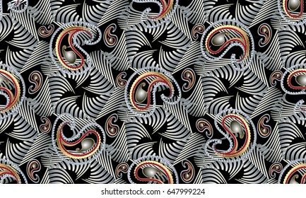 Paisleys seamless pattern. Floral background wallpaper illustration with vintage 3d paisley flowers, geometric abstract shapes, decorative  figures and creative modern floral ornaments. Vector texture
