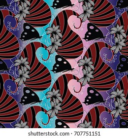 Paisleys seamless pattern. Floral background wallpaper illustration with vintage striped black and red paisley flowers, swirl lines, butterflies silhouettes and modern ornament. Vector endless texture