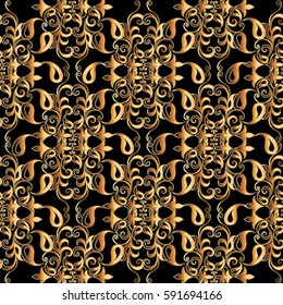 Paisleys seamless pattern. Floral  wallpaper illustration with vintage paisley flowers, leaves and antique gold ornaments on the black background. Luxury vector texture for fabric, textile.