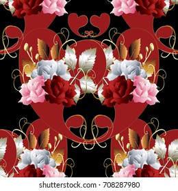 Paisleys seamless pattern. Love heart background. Roses wallpaper. Floral vintage  ornament with red paisley flowers, pink red white 3d roses, gold leaves. Vector repeat luxury ornamental 3d texture.