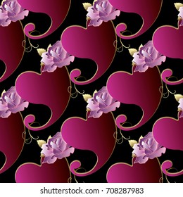 Paisleys seamless pattern. Love heart background. Roses wallpaper. Floral vintage endless ornament with 3d red paisley flowers, pink roses, gold leaves.Vector repeat  ornamental 3d love hearts texture