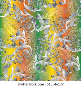 Paisleys seamless pattern wallpaper illustration with vintage decorative white 3d paisley flowers leaves and ornaments. Elegant endless texture. Floral colorful bright vector background.