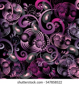 Paisleys seamless pattern wallpaper illustration with vintage decorative violet 3d paisley flowers, curl leaves and swirl surface ornaments on the black background.