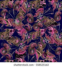 Paisleys seamless pattern.Flowery blue  modern background. Flourish endless fabric texture wallpaper illustration with vintage 3d violet paisley flowers, leaves,butterflies  and abstract  ornaments.