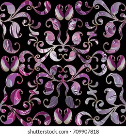 Paisleys vector seamless pattern. Black floral background wallpaper illustration with vintage hand drawn purple pink violet ornate paisley flowers, swirl abstract leaves and lines. Elegant  texture.