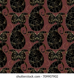 Paisleys vector seamless pattern. Brown floral background wallpaper illustration with vintage hand drawn decorative black gold ornamental paisley flowers and ethnic ornaments. Luxury texture for print