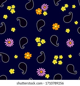 Paisleys and wildflowers. Seamless vector pattern. Retro textile collection. Template for dresses, scarves, cards and gift wrappings.