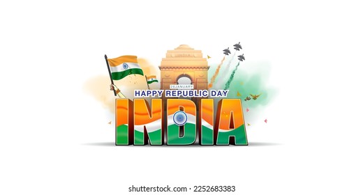 Paitriotic background India gate parade. Happy Republic day of India 3D text and people holding Tricolor flag.