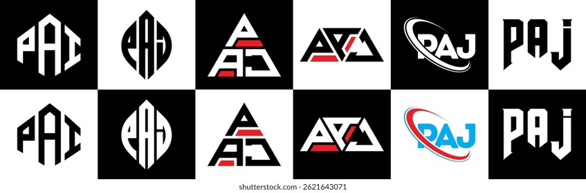 PAJ letter logo design in six style. PAJ polygon, circle, triangle, hexagon, flat and simple style with black and white color variation letter logo set in one artbPArd. PAJ minimalist and classic logo