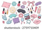 Pajama day slumber party sleeping doodle hand drawn set with beauty and self care items for girls night, spa