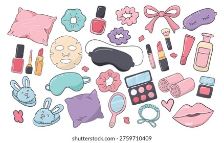 Pajama day slumber party sleeping doodle hand drawn set with beauty and self care items for girls night, spa