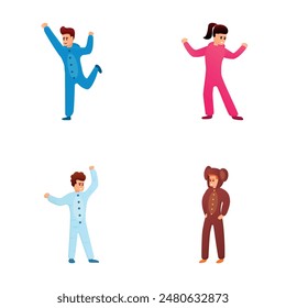 Pajama fun icons set cartoon vector. Home event with people in sleepwear. Friend company in homewear