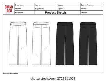  Pajama pant technical drawing template with tech pack details