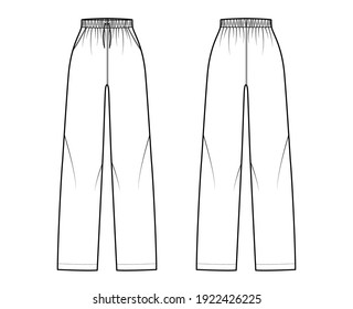 Pajama pantalones ilustración técnica de moda con cintura normal elástica, altura alta, longitud completa, cuerdas levadizas, bolsillos. Funda de pantalones planos de la parte posterior, color blanco. Hombres mujeres unisex maquillaje CAD