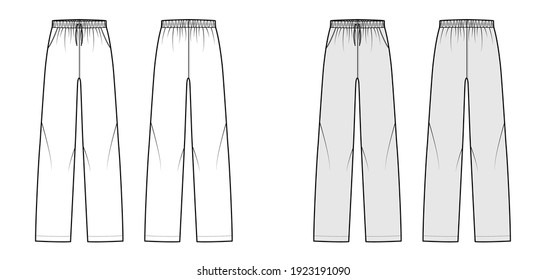 Pajama Pants Technical Fashion Illustration With Elastic Low Waist, Rise, Full Length, Drawstrings, Pockets. Flat Trousers Apparel Template Front, Back, White Grey Color. Women Men Unisex CAD Mockup