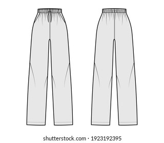 Pajama pants technical fashion illustration with elastic normal waist, high rise, full length, drawstrings, pockets. Flat trousers apparel template front, back, grey color. Women men unisex CAD mockup