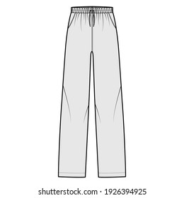 Pajama Pants Technical Fashion Illustration With Elastic Low Waist, Rise, Full Length, Drawstrings, Pockets. Flat Knit Trousers Apparel Template Front, Grey Color. Women Men Unisex CAD Mockup