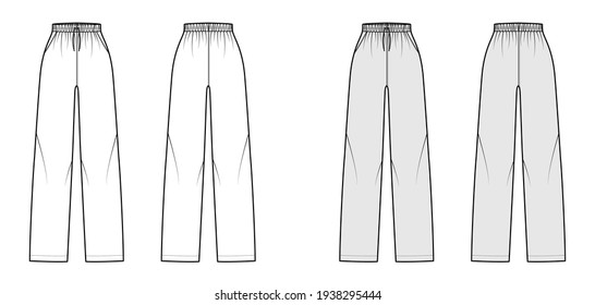 Pajama pantalones ilustración técnica de moda con cintura normal elástica, altura alta, longitud completa, cuerdas levadizas, bolsillos. Plantilla de ropa plana frontal, posterior, color gris blanco. Hombres mujeres unisex maquillaje CAD