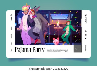 Pajama party banner with people in kigurumi dance on house attic. Vector landing page of slumber party cartoon illustration of mansard interior with characters in funny pyjamas