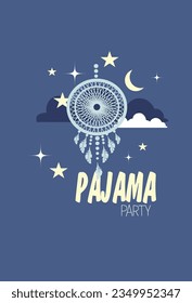 Pajama party card, blue sky clouds and dream catcher