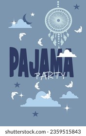 Pajama party card, blue sky with clouds, feathers and dream catcher