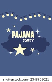 Pajama party card, garlands with lights in the night sky