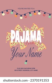 Pajama party card, many slices of pizza and a garland of colored lights.