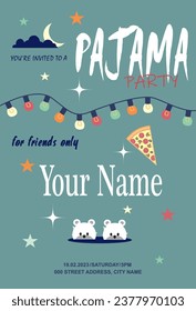 Pajama party card, many stars, garland with lights, slice of pizza and home slippers.