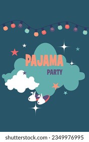 Pajama party card, night sky, clouds and garlands with colored lights