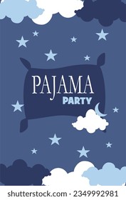 Pajama party card, night sky in clouds and stars and pillow