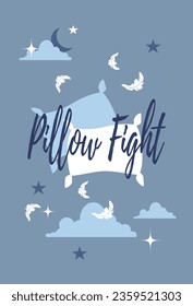 Pajama party card, pillow fight, feathers, clouds, starry sky 