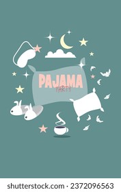 Pajama party card, pillow with text, slippers around, cloud with moon, stars and cup of hot tea.