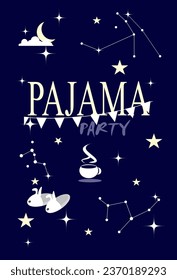 Pajama party card, starry sky, constellations, slippers, cup of hot tea.