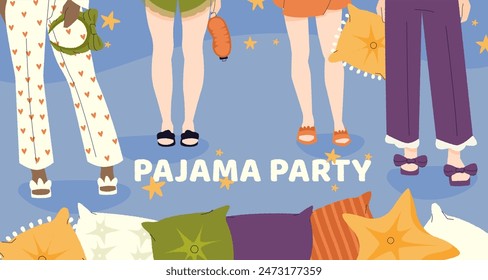 Pajama party. Cartoon invitation card with cute girls in nightwear, sleepover celebration with pajama and slippers. Vector flyer template.