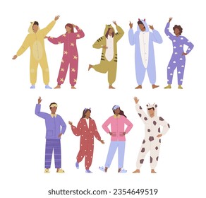 personajes del partido pajama. gente vestida con kigurumi pajamas, personajes de caricatura divirtiéndose vestidos con pijama. conjunto de personajes de dibujos animados planos vectoriales.