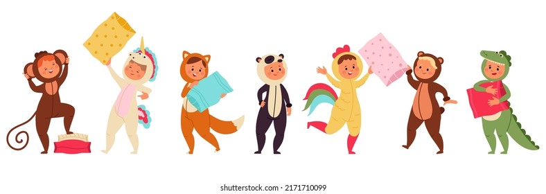 Pajama party. Children wear pajamas, animal costumes suits. Festival kids with pillows, sleep funny characters. Isolated happy friends decent vector set