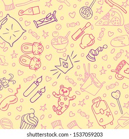 Pajama party colored background. Sleepover or slumber party objects in doodle style. For banners, invitation cards, stickers, design. Cute hand drawn vector illustration.