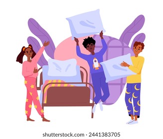 Pajama party concept. Boys and girl with pillows near bedroom. Kids with leisure and recreation. Children in bedroom. Cartoon flat vector illustration isolated on white background