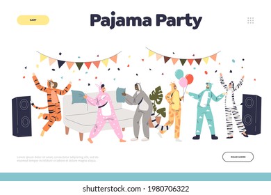 Pajama party concept of landing page with funny people dressed in onesize kigurumi jumpsuits of different funny animals dance and have fun together. Cartoon flat vector illustration