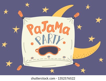 Pajama Party. Cute hand drawn pillow with sleep mask and lettering under starry sky. Vector illustration. 