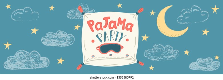 Pajama Party. Cute hand drawn pillow with sleep mask and lettering under starry sky. Cute vector illustration. 