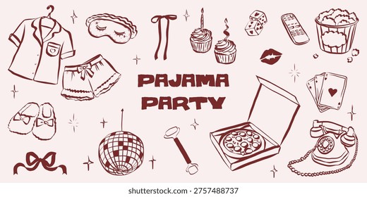 Pajama party doodle set with pizza, cupcake and bow. Hand sketched bachelorette icons perfect for greeting cards, vintage invitations and fun event designs. Outline whimsical symbols