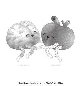 Partido Pajama - la ilustración vector punteada de un cerebro y un pijama que usa el corazón saltando juntos con las manos en la mano. Una parte de la colección Brain.