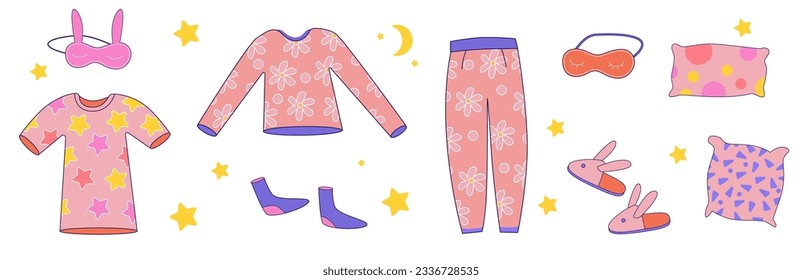 Pajama party elements for girls. Cute pink nightwear collection. Things for the good sleep. Cozy house clothes isolated on white background.