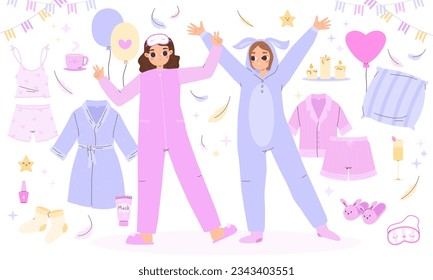 Pajama party elements. Girls wear bedtime costumes, pajamas and bathrobe. Home celebrate items, candles, slippers and mask, snugly vector set