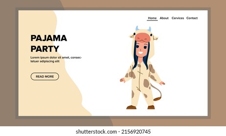 Pajama Party Enjoying Little Girl Child Vector. Preschooler Wearing Costume In Form Cow Domestic Animal Resting On Pajama Party. Character In Festive Stylish Clothes Web Flat Cartoon Illustration