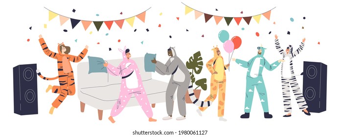 Pajama party event with people dressed in onesize kigurumi jumpsuits of different funny animals dance and have fun together. Cartoon flat vector illustration