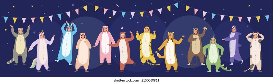 Fondo plano de la fiesta de Pajama con hombres y mujeres bailarines usando una colorida ilustración animalista kigurumi vectorial