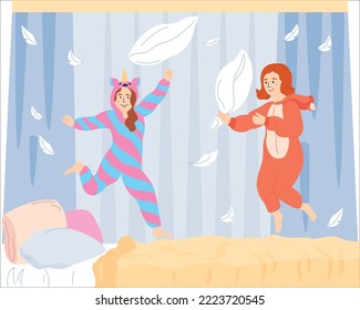 Pajama party flat concept with happy girls jumping on the bed vector illustration